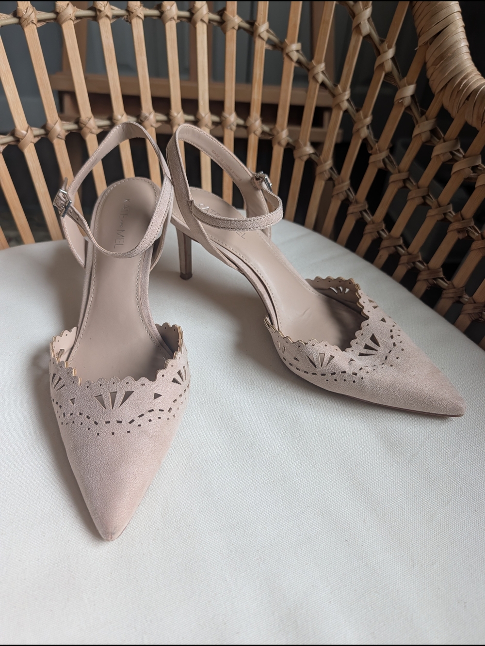 Scalloped Laser-Cut Pointed Slingback Heels - Blush 🌷